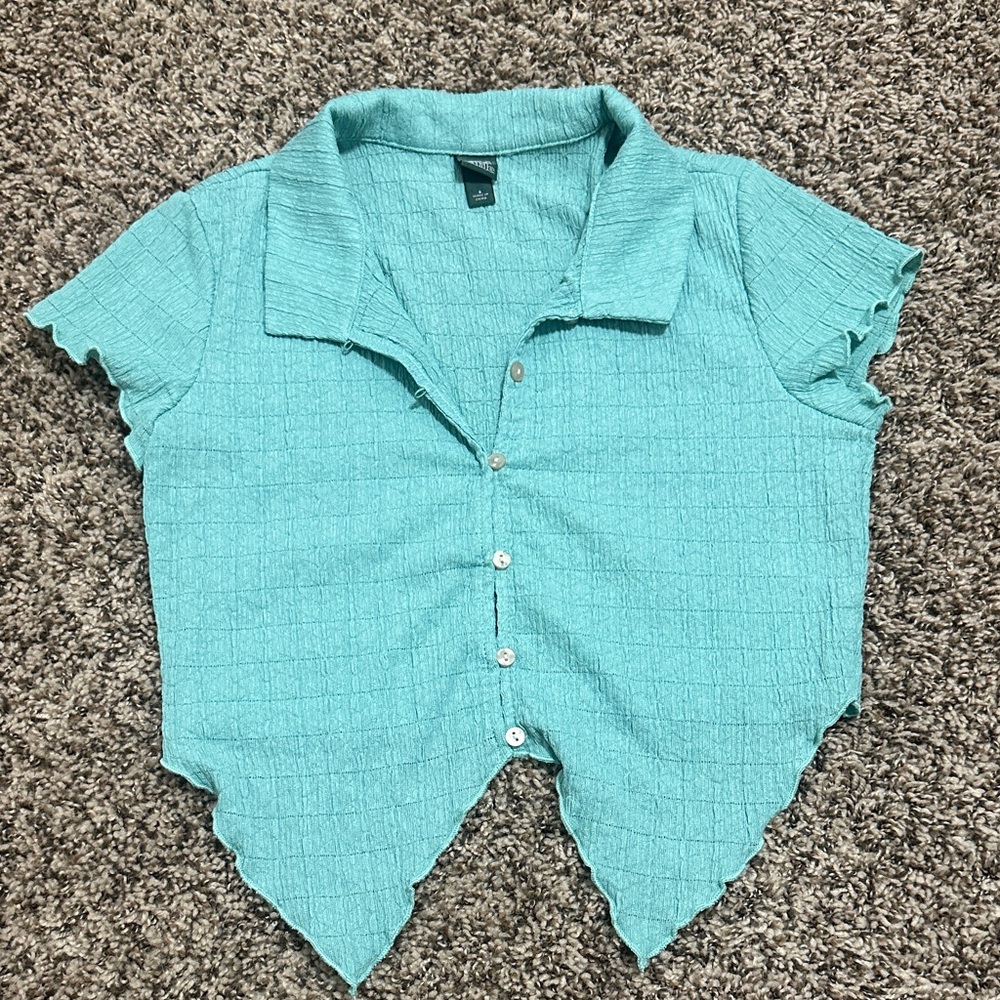 wild fable Teal Textured Short Sleeve Button-Front Top